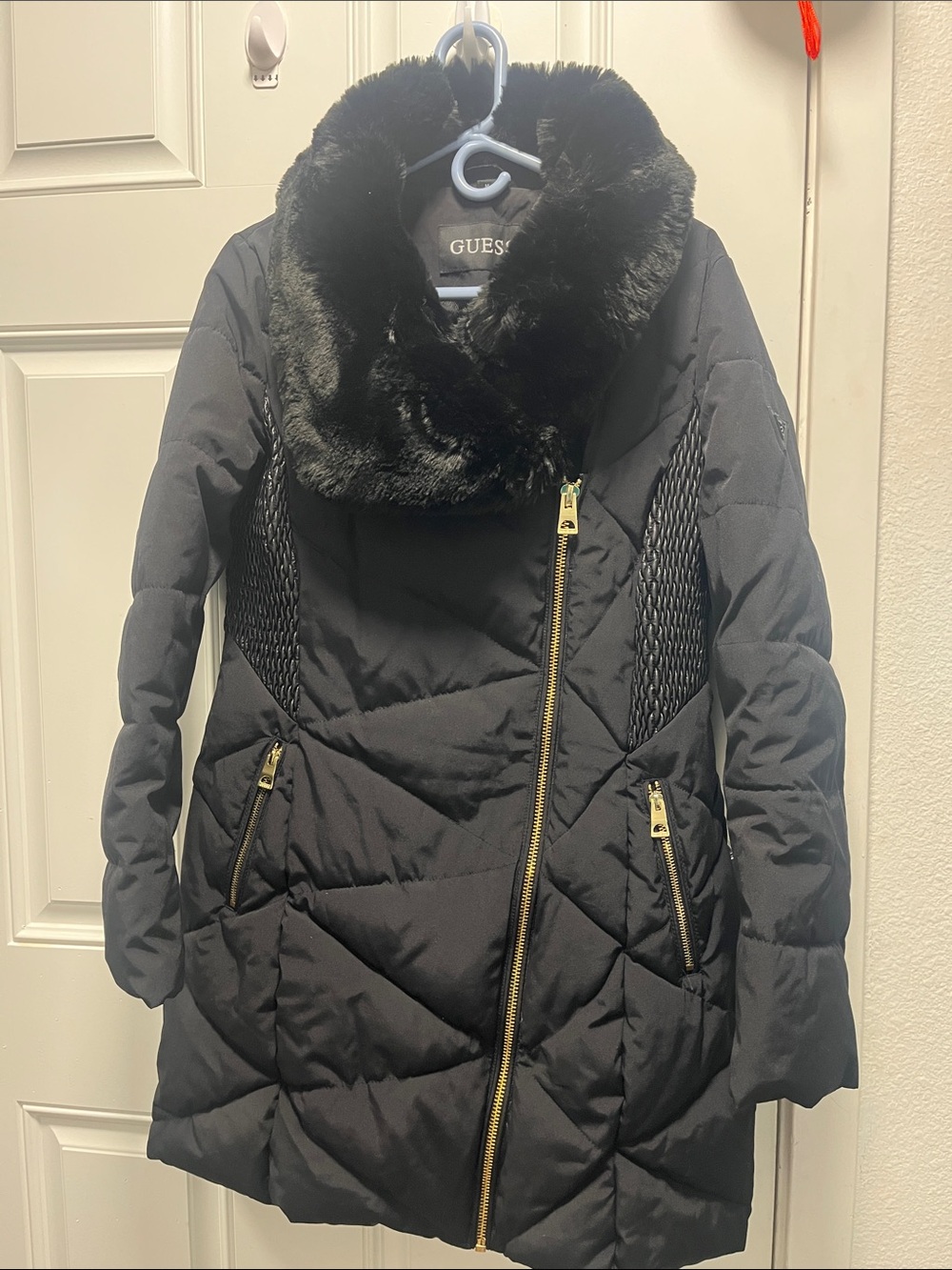 GUESS Black Quilted Puffer Coat with Faux Fur Collar